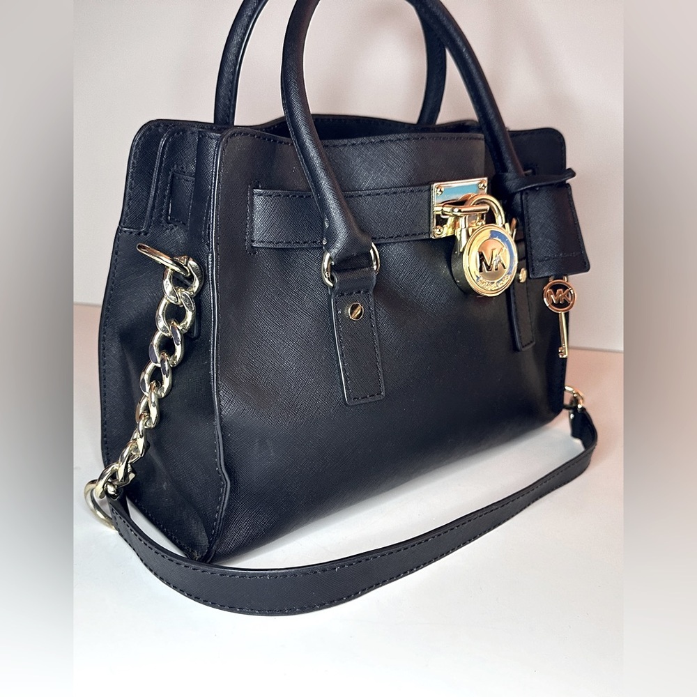 Michael Kors Hamilton Black Leather Bag, Gold-tone Hardware, Lock and Key